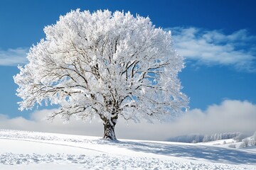 Poster - Snowy tree in winter landscape with blue sky. Beautiful nature winter scene.