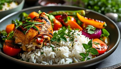 Wall Mural - Roasted chicken drumsticks served on a bed of flavorful rice with mixed vegetables, garnished with fresh herbs for an exquisite presentation