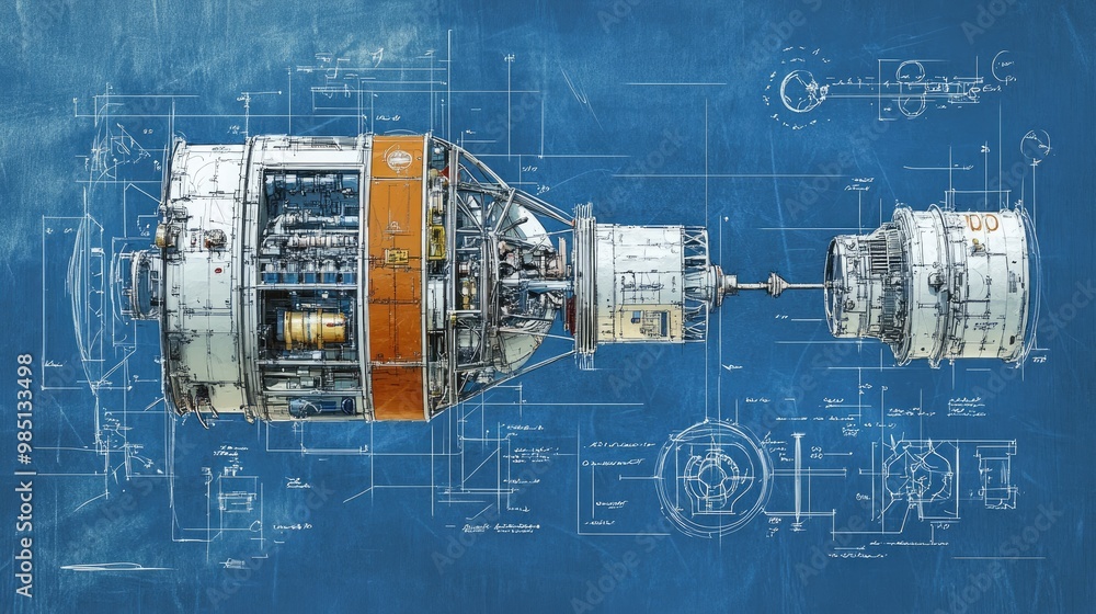 Module Spacecraft Drawing Detailed technical drawing of a spacecraft on a blueprint background ...