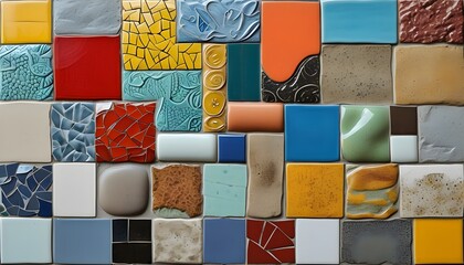 Wall Mural - Vibrant mosaic artwork featuring diverse tile textures and colors, showcasing a captivating pattern of varied materials and intricate surface designs.