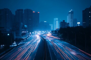 Wall Mural - Night cityscape with highway traffic light trails, abstract urban landscape