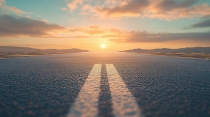 Low level view of empty old paved road in mountain area at sunset