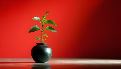 Wall Mural - Emerging green plant in dark vase illuminated by light against vibrant red wall, creating a minimalistic yet dramatic ambiance