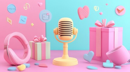 Wall Mural - A retro microphone with gifts and headphones on a pink and blue background.