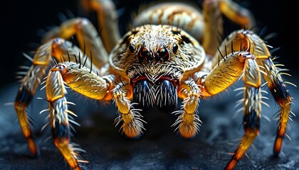 Intricate details of a spiny spiders exoskeleton and legs captured in a magnified close-up against a dark backdrop