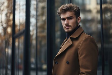 portrait of young handsome stylish man in elegant coat. outdoor fashion portrait.