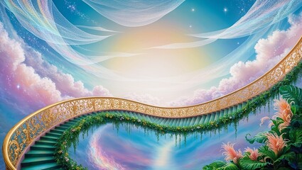 Poster - A celestial staircase ascending to the heavens surrounded by beautiful cloudscape and blue sky
