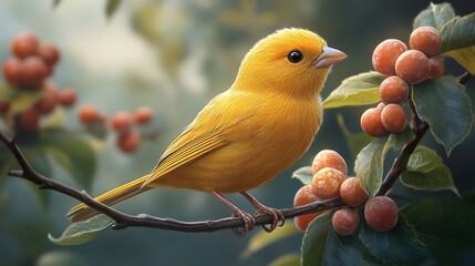 Canvas Print - Yellow Canary Perched on a Branch with Berries