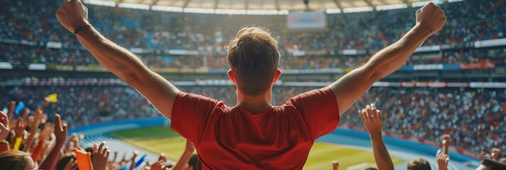 Vibrant soccer match scene captures a triumphant player in red jersey raising arms high amidst cheering fans in a large stadium, conveying energy and excitement.