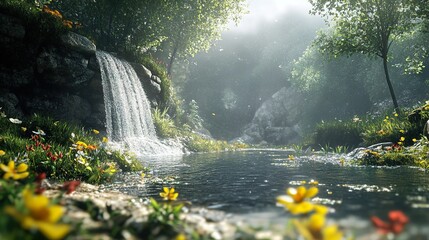 Sticker - Waterfall in Lush Forest, Nature Photography