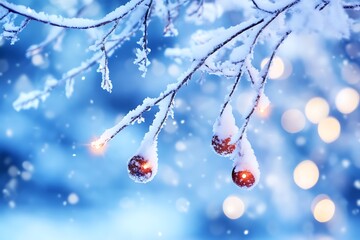 Poster - Snow covered tree branches with red ornaments and bokeh lights for winter, Christmas, and holiday background