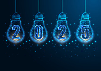 Wall Mural - 2025 New Year innovations with glowing 2025 digits inside illuminated lightbulbs on blue background