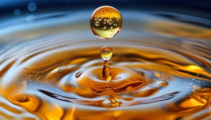 Wall Mural - Captivating close-up of amber liquid with swirling bubbles and a droplet creating mesmerizing ripples