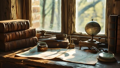 Charming rustic desk filled with vintage navigation tools, antique maps, and leather-bound books, bathed in warm sunlight streaming through a window