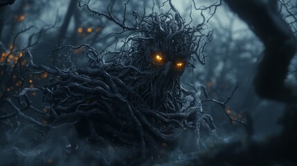 Dark Druid Sorcerer Summoning Creatures in Eerie Forest - 3D Render with Glowing Eyes and Twisted Branches