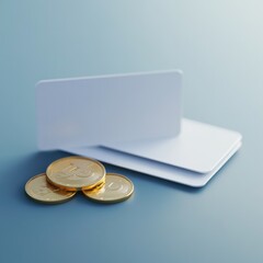 Three golden coins lie beside two blank white business cards on a blue background.