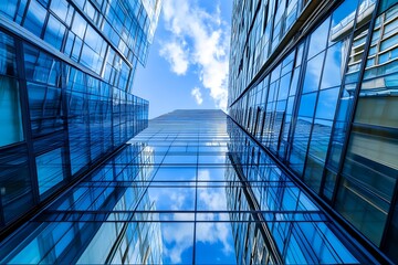 Wall Mural - Low angle view of modern glass office buildings with blue sky reflection. Business, success, growth and innovation concept