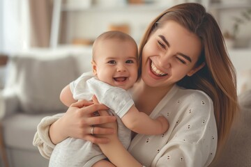 happy young mother with her cute baby girl in home living room. mother and daughter spend quality ti