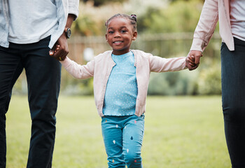 Poster - Black family, walk and outdoor with girl, portrait and together for love in relationship. People, parents and holding hands with daughter for support, Nigeria and trust mom or dad in backyard of home