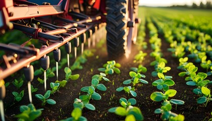 Canvas Print - Advanced Tractor Technology in Precision Agriculture: Navigating Young Crops with Careful Spraying Equipment