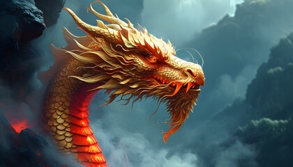 Wall Mural - Majestic golden dragon rising from mystical red fog, embodying power, wisdom, and the supernatural