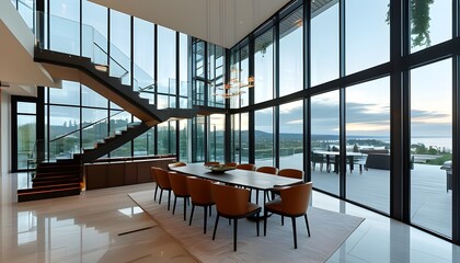 Wall Mural - Elegant dining room featuring a modern staircase and expansive floor-to-ceiling windows, seamlessly blending indoor luxury with outdoor scenery