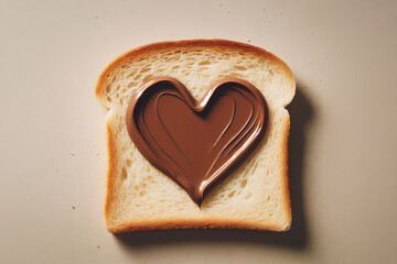 Heart shaped spread on bread slice, chocolate or hazelnut, light beige surface, symbol of love and care, food photography, simple breakfast, romantic detail, close up shot,