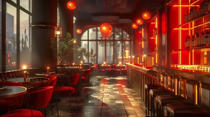 Modern Bar Interior Design with Red Lighting and City View