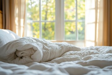 Poster - White Bedding and Pillow on Bed with Window and Sunlight Behind