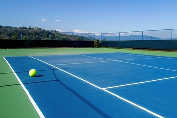 Tennis court landscape with blue and green colors on a sunny day. Ball lies on the court. Sport equipment and green grass in the background. Active outdoor lifestyle.