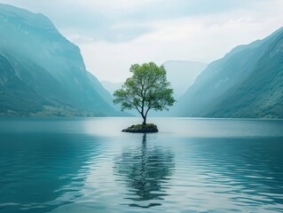 A tree is floating on the surface of a lake, generative ai image