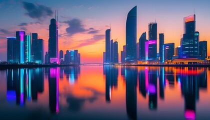 Wall Mural - Ethereal skyline of a neon-lit future city reflected in tranquil waters, showcasing modern marvels of urban planning and design