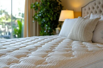 Poster - Close-up of a White, Quilted Mattress with a Pillow