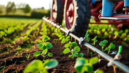 Wall Mural - Advanced Tractor Technology in Precision Agriculture: Navigating Young Crops with Careful Spraying Equipment