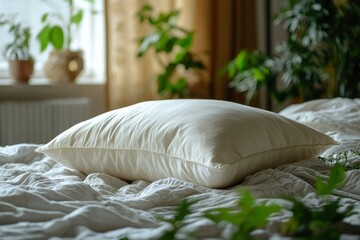 Poster - White Pillow on a Crisp White Bed with Green Plants in the Background