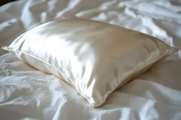 Poster - A Cream-Colored Silk Pillow on a White Bed