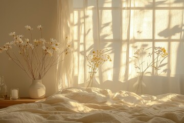 Poster - A Bedside Table with White Flowers, a Candle, and Sunlight Streaming Through a Window