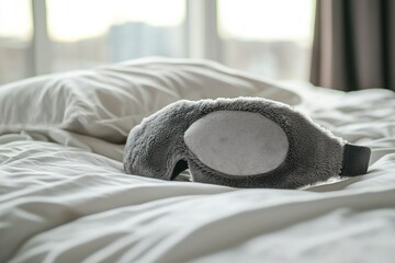 Poster - Grey Eye Mask on White Bedding in a Bright Bedroom