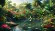 © ke - Tranquil tropical paradise with vibrant flora, rich wildlife, and a serene pond illuminated by morning light in an ecotourism haven