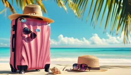 Chic travel suitcase adorned with sun hat, sunglasses, and seashells on a tranquil beach, evoking a sunny holiday vibe