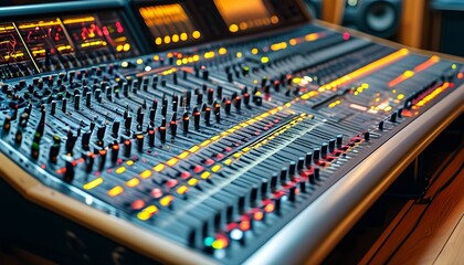 Dynamic Fusion of Music and Technology Showcasing a Sound Mixing Console with Intricate Controls