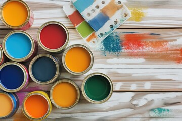 aluminium can on wooden table with paint and colorful palette. close-up view of can with various sha