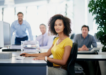 Sticker - Portrait, woman and smile at office with computer on research for employment contracts as human resources. Female person, employee and happy in confident with pride for job opportunity and growth