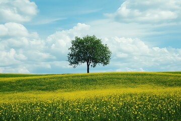 Wall Mural - Single Tree in Green Field with Blue Sky and White Clouds