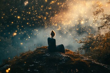 Woman sitting on clifftop, looking up at a starry night sky with fireflies. Concept of peace, hope, dreams, and imagination.