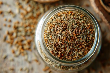 Close-up of Dried Fennel Seeds in a Glass Jar