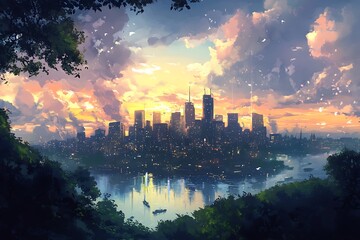 Canvas Print - Cityscape at sunset with golden clouds and shimmering lake. Digital art for fantasy, dreamscape, and modern city backgrounds