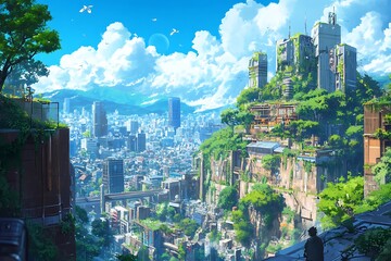 Futuristic Cityscape with Lush Vegetation and a Man Looking Over the Edge of a Cliff