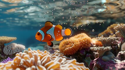 Long clownfish playing with coral.