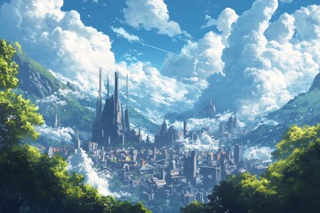 Wall Mural - Fantasy Cityscape with Blue Sky, Mountains, and White Clouds